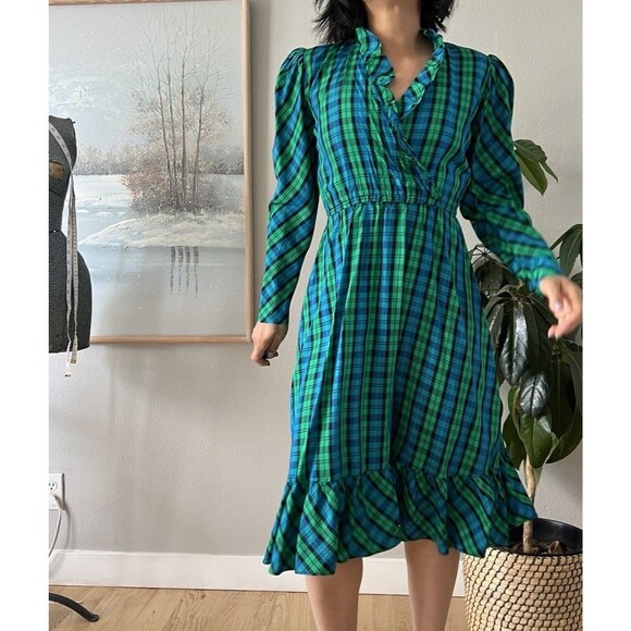 Vintage Taffeta Plaid Puff Sleeve Fit Flare Dress small wrap top blue green - Picture 2 of 8